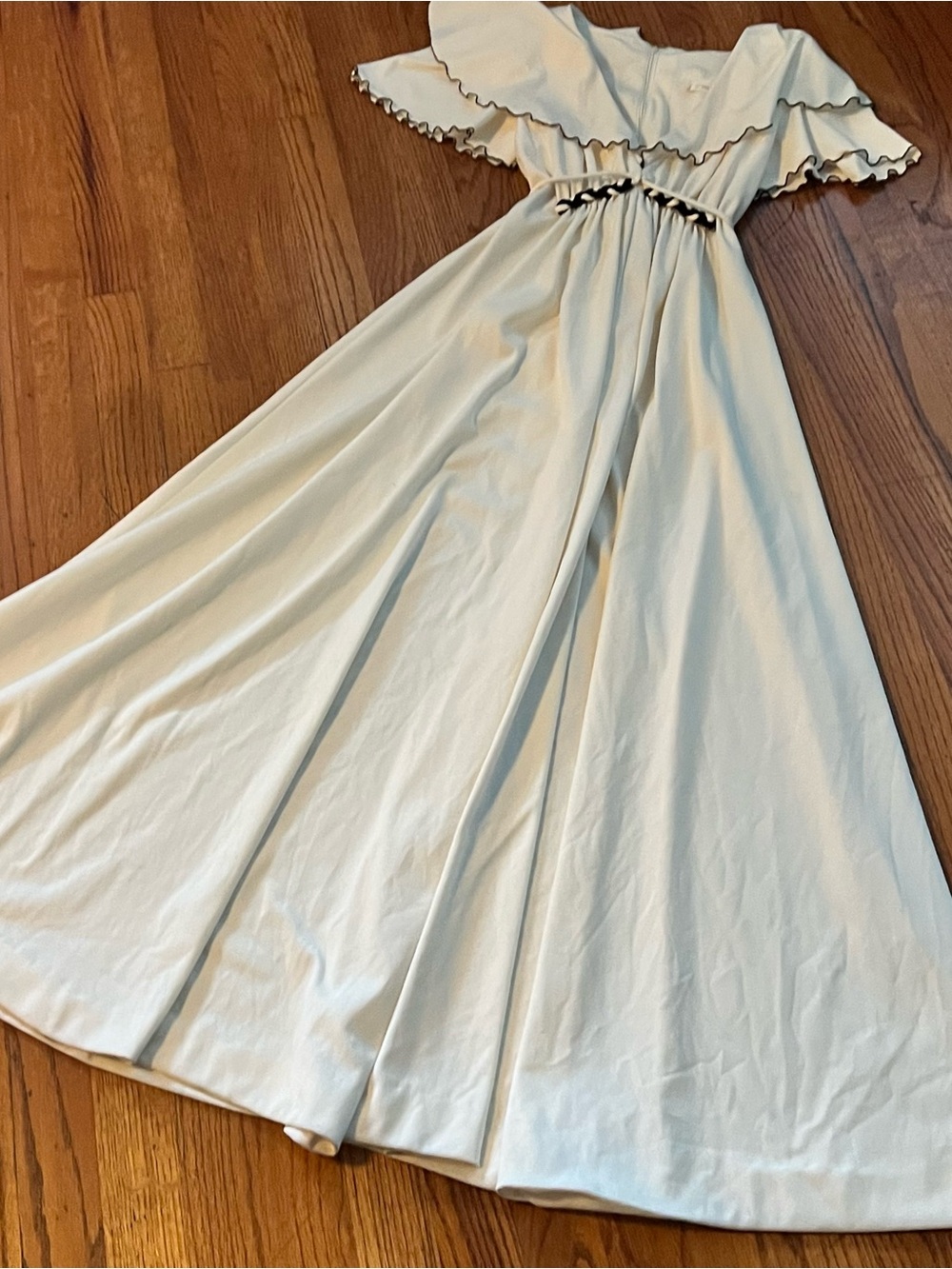 Vintage Cream Ruffled Maxi Dress with Brown Trim